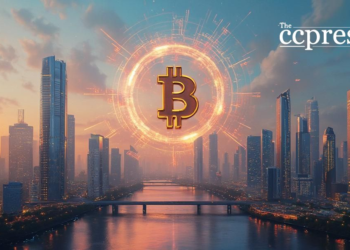 futuristic cityscape bitcoin sky