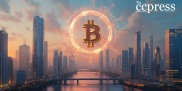 futuristic cityscape bitcoin sky