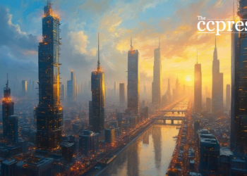 futuristic cityscape golden hour