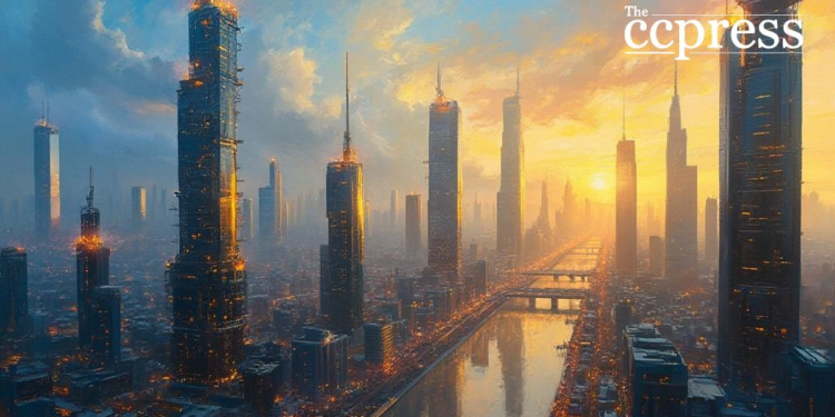 futuristic cityscape golden hour