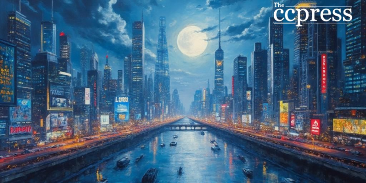 futuristic cityscape night art