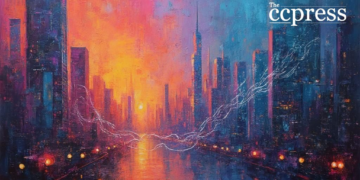 futuristic cityscape oil art