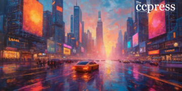 futuristic cityscape painting