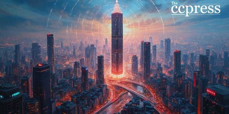 futuristic crypto cityscape painting