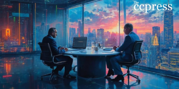 futuristic financial boardroom painting