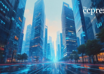 futuristic financial district painting