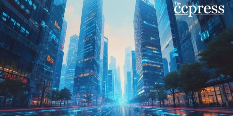 futuristic financial district painting