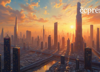 futuristic financial skyline