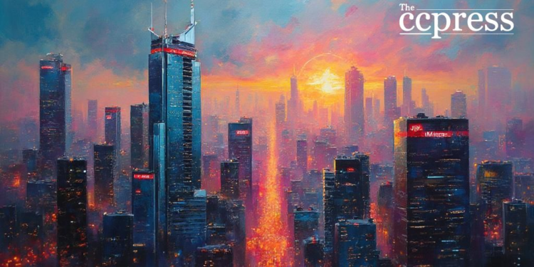 futuristic jp morgan cityscape