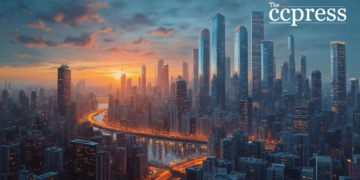 futuristic skyline bitcoin art