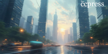 futuristic urban dawn painting