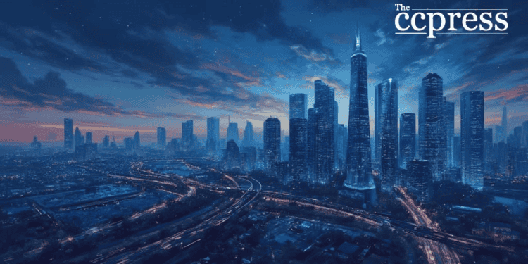 futuristic urban skyline art