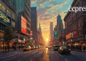 golden hour financial cityscape