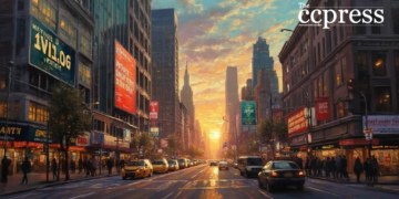 golden hour financial cityscape