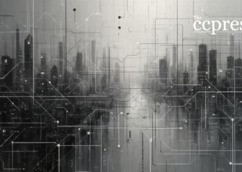 grayscale blockchain cityscape