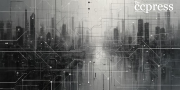 grayscale blockchain cityscape