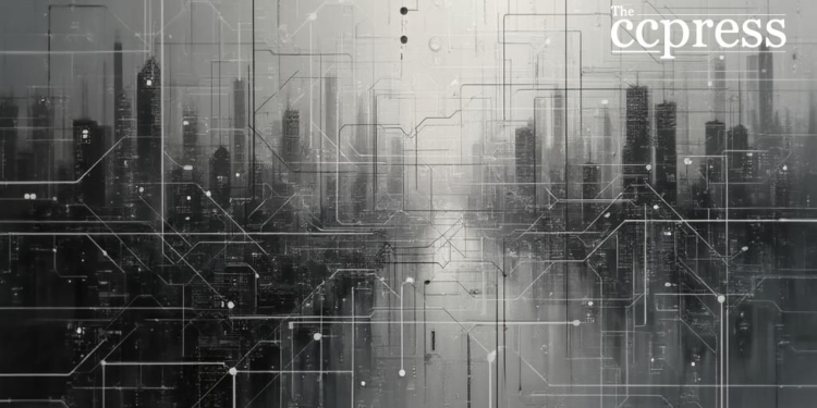 grayscale blockchain cityscape
