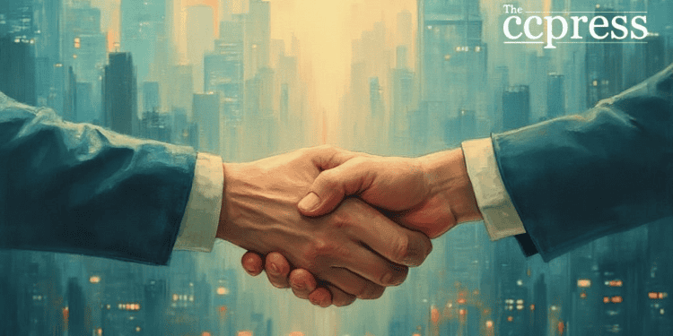 handshake cityscape partnership oil