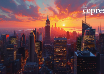 nyc skyline sunset oil art