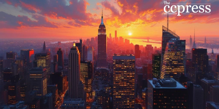 nyc skyline sunset oil art
