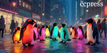 playful pudgy penguins cityscape