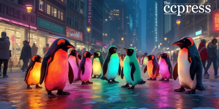 playful pudgy penguins cityscape