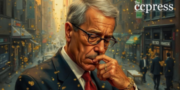powell gazes at bitcoin art