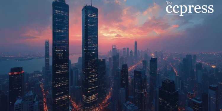 sleek dusk cityscape painting