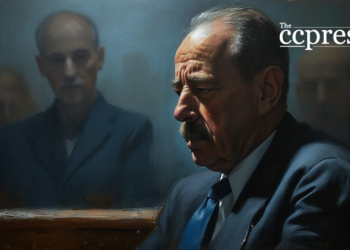 somber courtroom oil painting