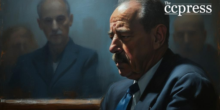somber courtroom oil painting