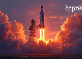 spacecraft launch at dusk