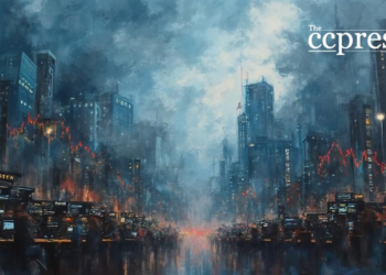 stormy financial district scene