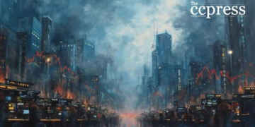 stormy financial district scene