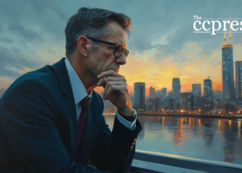 thoughtful businessman cityscape