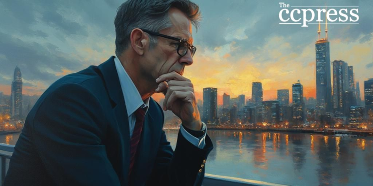thoughtful businessman cityscape