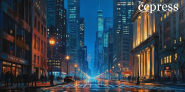 trump financial skyline oil painting