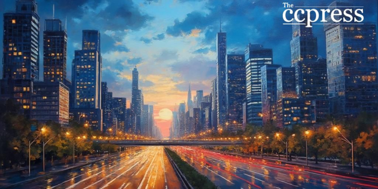 twilight cityscape oil painting