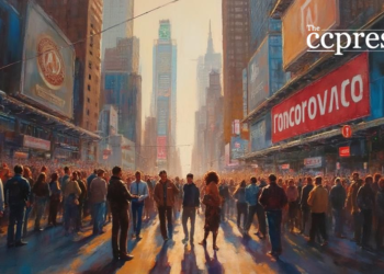 urban crypto rally oil painting