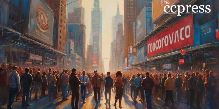 urban crypto rally oil painting
