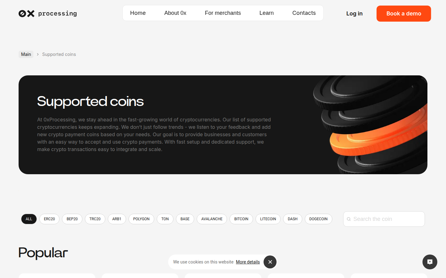 0xProcessing supported coins page screenshot